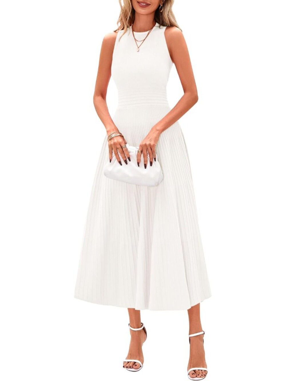 Women's Summer Pleated Midi Work Dress | Sleeveless A Line Knit Business Dresses